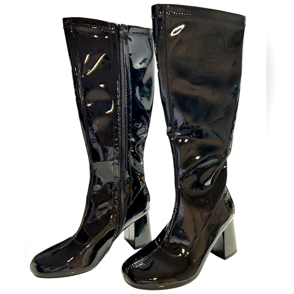Black Heeled Knee-High Boots with Chunky Heel and Glossy Finish, NWT - Picture 1 of 5